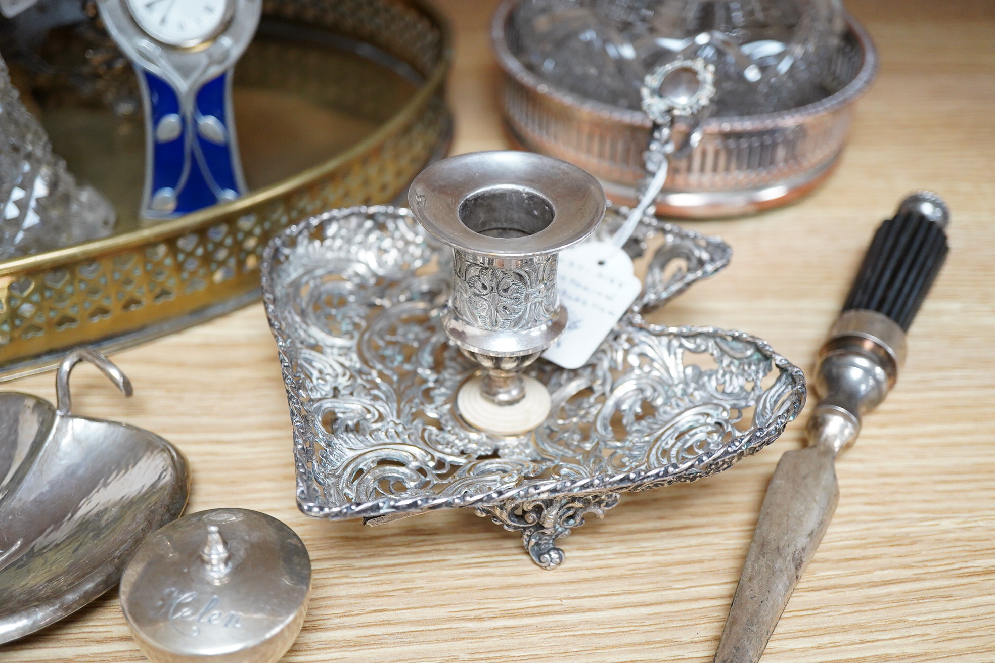 An Art Nouveau style enamelled timepiece by A. E. Williams, a small group of various plated wares and some small silver